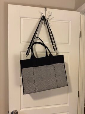 Rothy's Black and White Herringbone Tote with Stripe Detachable Strap